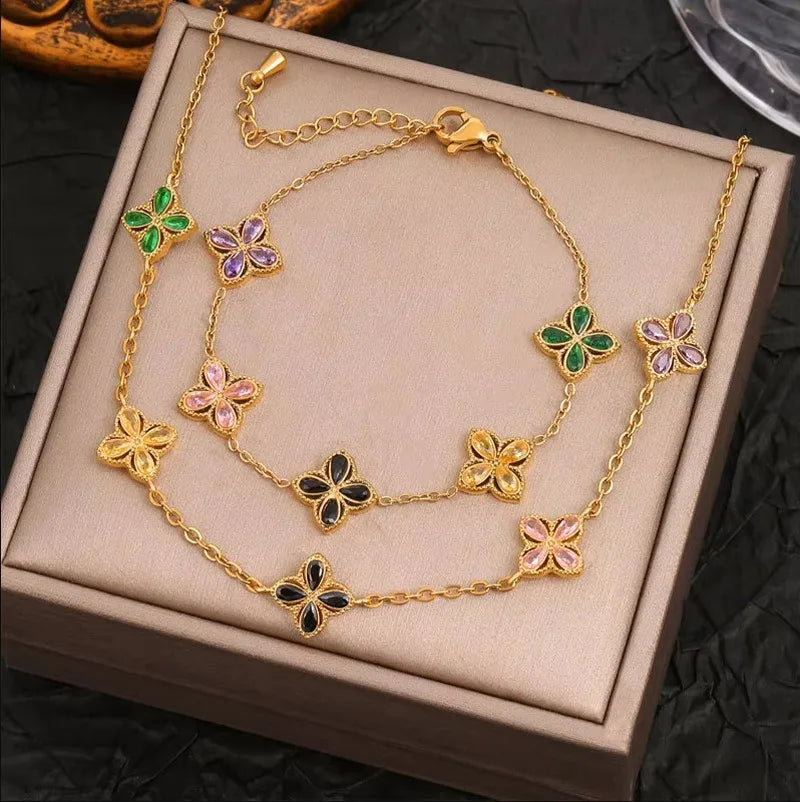 Crystal Zircon Four Leaf Flower Jewelry Set Bracelet Necklace Cute Women's 18k Gold Plated Stainless Steel Chaim Clover Gifts