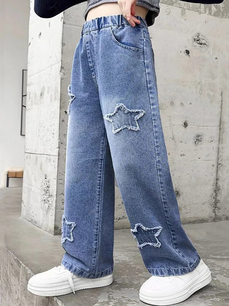 Kids Girls Jeans Pocket Decoration Long Denim Pants  Autumn Teenager Children New Sports Casual Straight Trousers For 2-12 Years