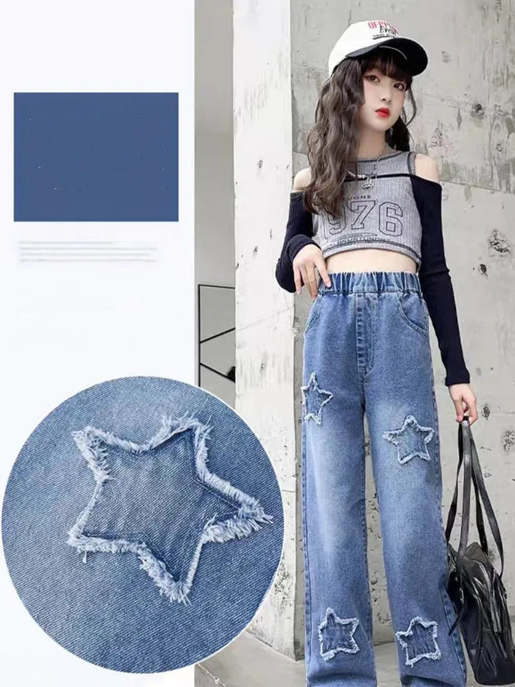 Kids Girls Jeans Pocket Decoration Long Denim Pants  Autumn Teenager Children New Sports Casual Straight Trousers For 2-12 Years