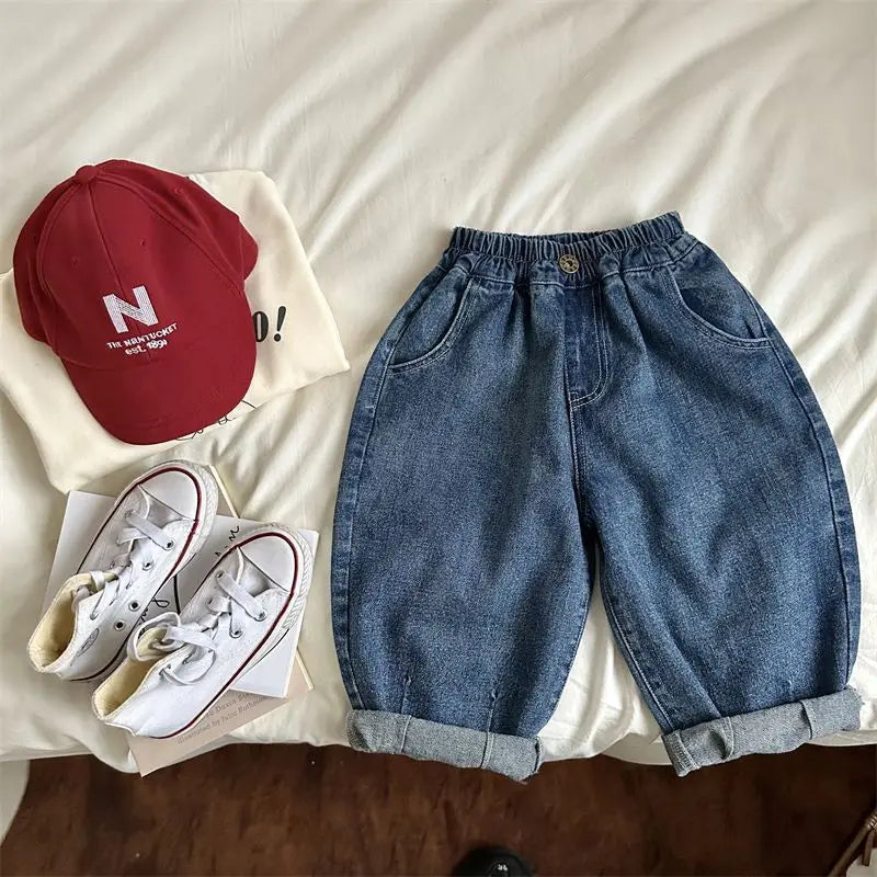 2025 Autumn Kids Denim Pants Loose Fit Jeans for Boys And Girls Casual Trendy Outdoor Clothing 2-7T Trendy Baby Children's Pants
