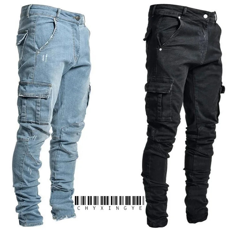 Men's street elastic denim work pants washed solid color multi pocket casual mid waist pants slim fit daily wear jogging pants