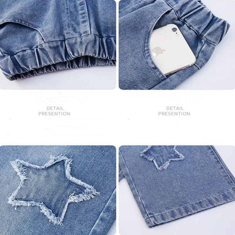 Kids Girls Jeans Pocket Decoration Long Denim Pants  Autumn Teenager Children New Sports Casual Straight Trousers For 2-12 Years