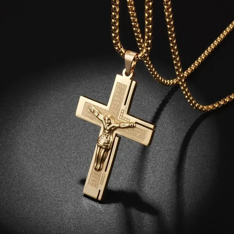 Jesus Christ Cross Mens Necklace Gold Color Cross Religious Pendant Necklace Accessory Chain Accessories