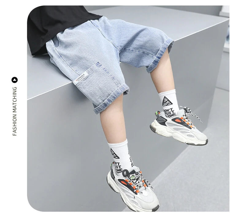 Children Jeans Boys Girls Cotton Shorts  Splice Stretch Denim shorts Korean Teenage Trousers Wear Kids Clothing DenimRipped