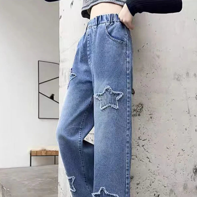 Kids Girls Jeans Pocket Decoration Long Denim Pants  Autumn Teenager Children New Sports Casual Straight Trousers For 2-12 Years