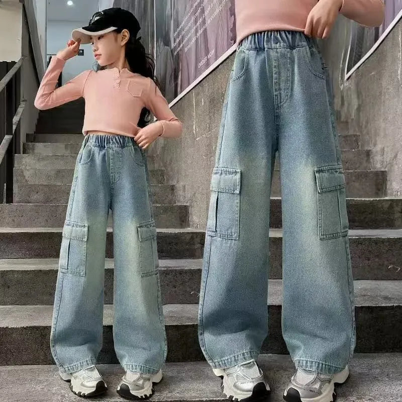 Kids Girls Jeans Pocket Decoration Long Denim Pants  Autumn Teenager Children New Sports Casual Straight Trousers For 2-12 Years