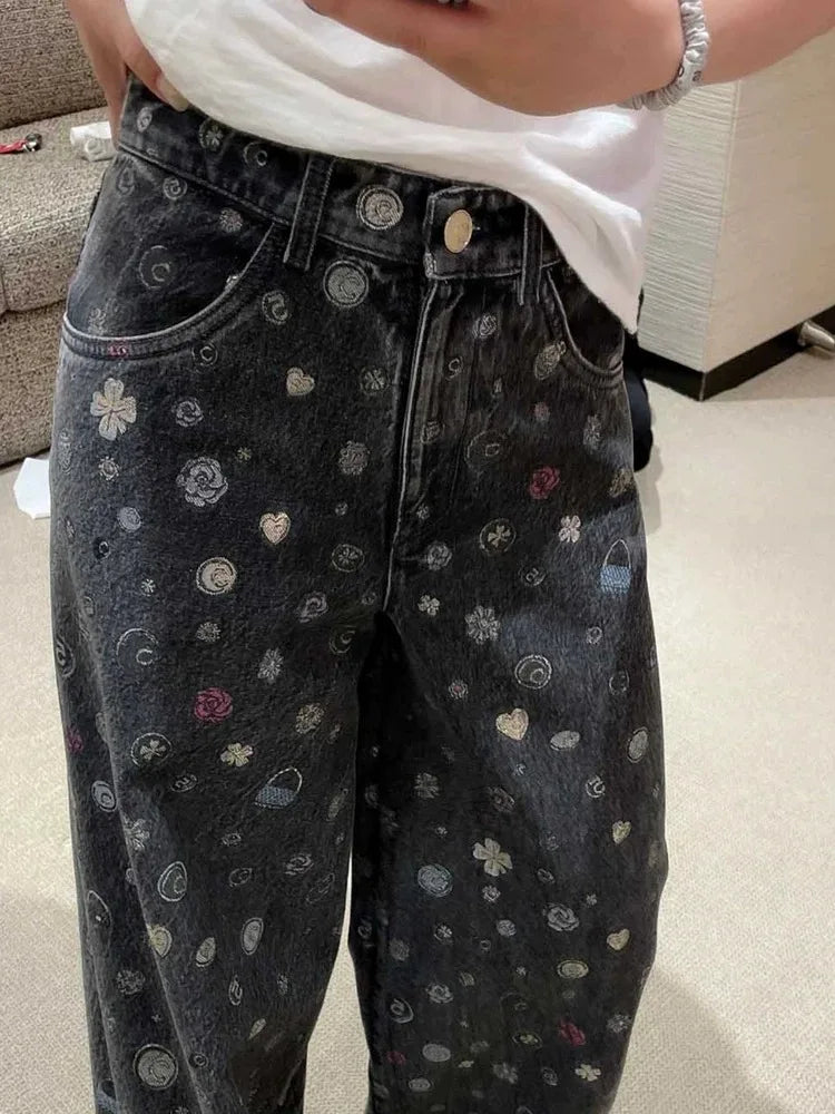 Women's Luxury Floral Denim Jeans, High Waist Wide Leg Trousers, Premium High Quality Loose Fit Pants, Designer Vintage Fashion