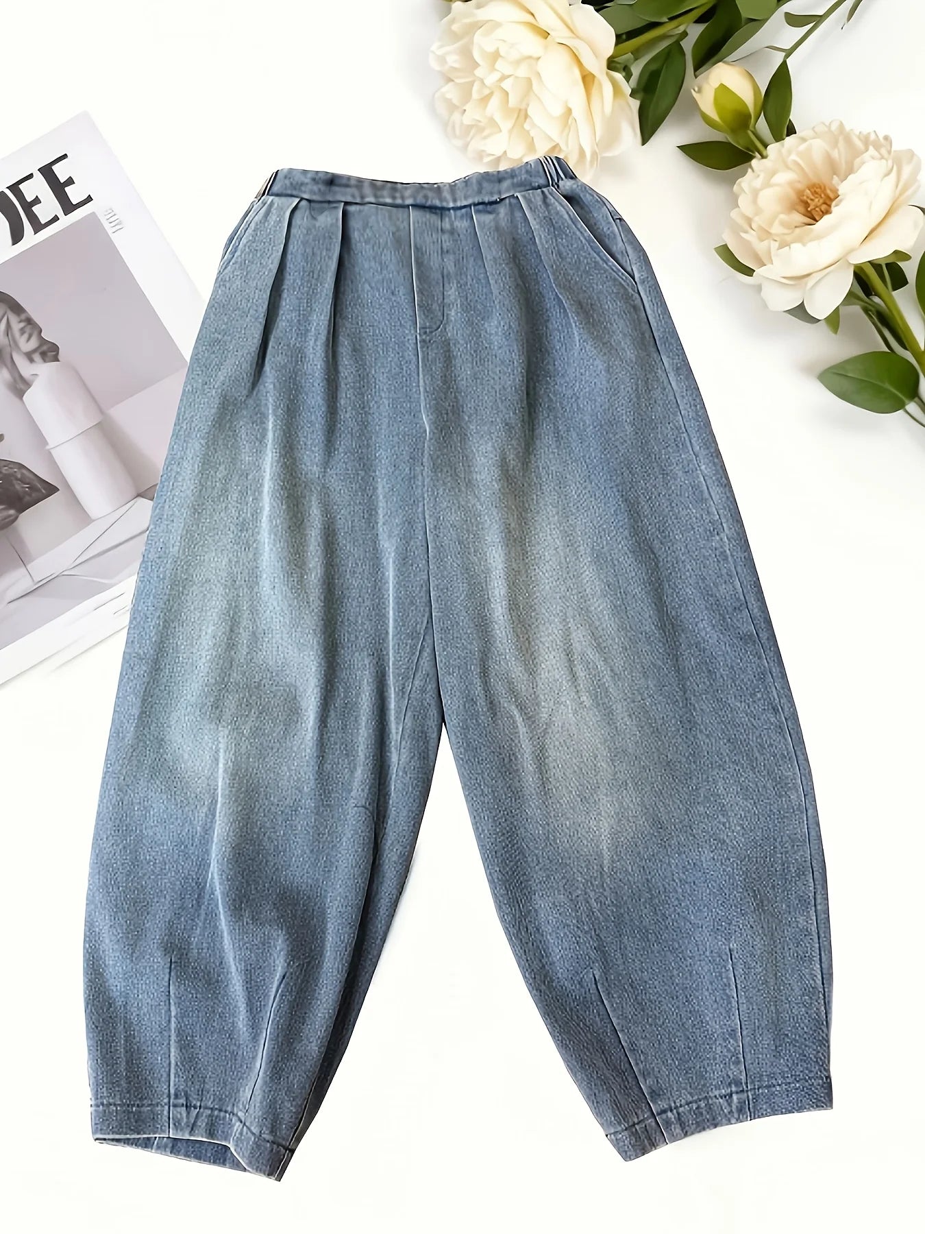 Women's Denim Cropped Pants, Loose Fit, Casual Retro Harem Pants