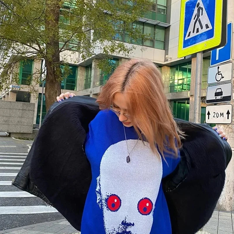 European and American New Hip Hop Street Knitted Sweater Men's Gothic Printed Hoodie Autumn Harajuku Hoodie Sweater