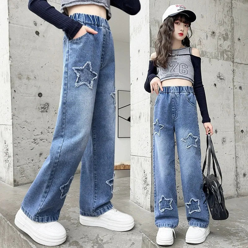 Kids Girls Jeans Pocket Decoration Long Denim Pants  Autumn Teenager Children New Sports Casual Straight Trousers For 2-12 Years